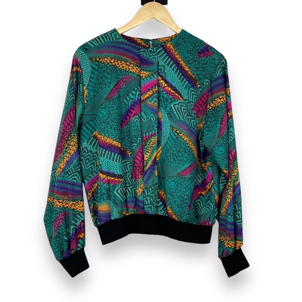 Vintage Notations Silky Satin Green Pull Over Sweater Women's M MardiGras Retro